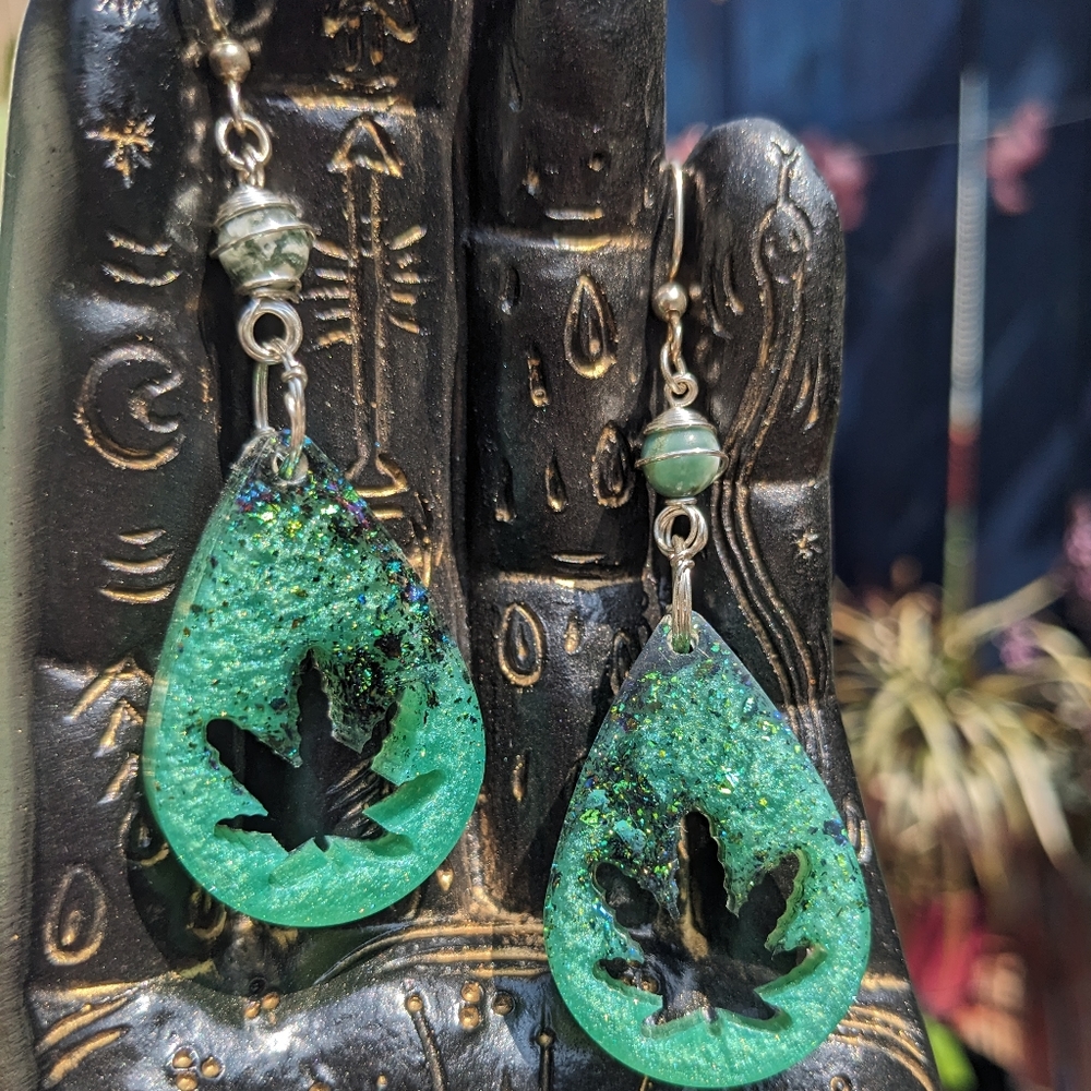 420 Earrings Green Resin Sparkly Handmade Cute Artisan Teardrop Silver Jade